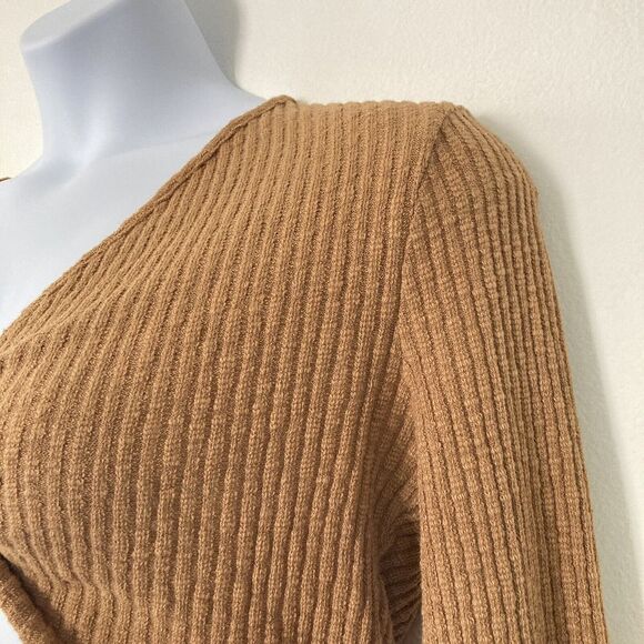 Lisa Says Gah Crop Top XL Caro Twist Front Rib Knit Tan Brown Long Sleeve - Picture 3 of 11